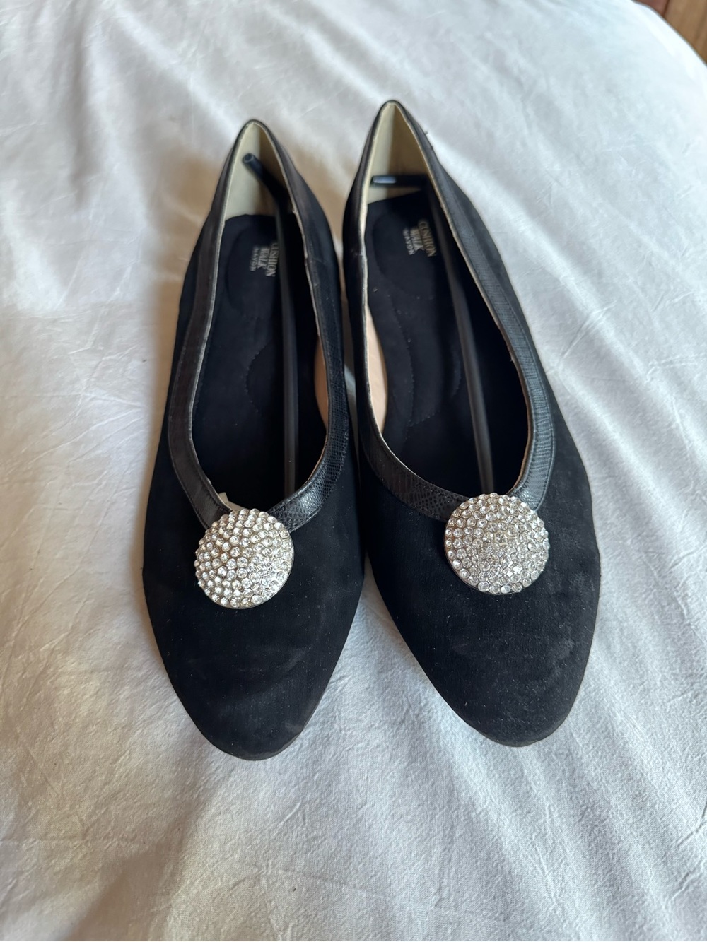 Avon Black Suede-Look Ballet Flats with Rhinestone Medallion